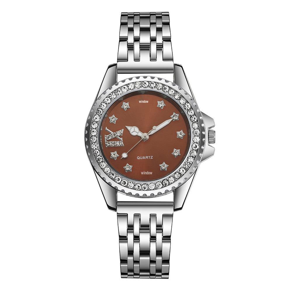 Elegant Rhinestone Star Steel Women s Watch with Alloy Band коричневый
