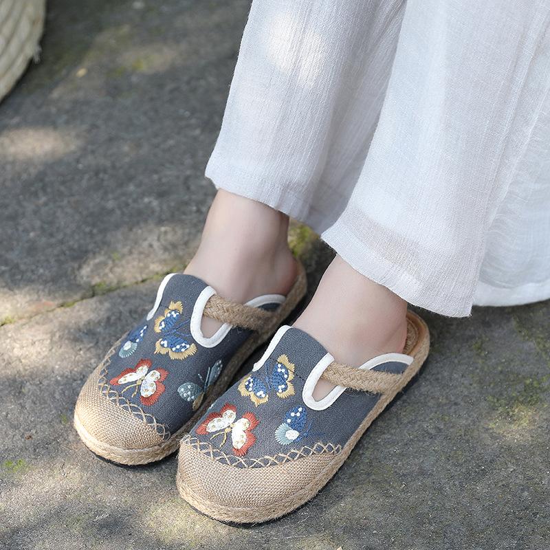 Fashion 2025 Women Casual Linen Handmade Embroidery Mules Flat Slippers Retro Vegan Summer Ladies Canvas Comfortable Espadrille Shoes