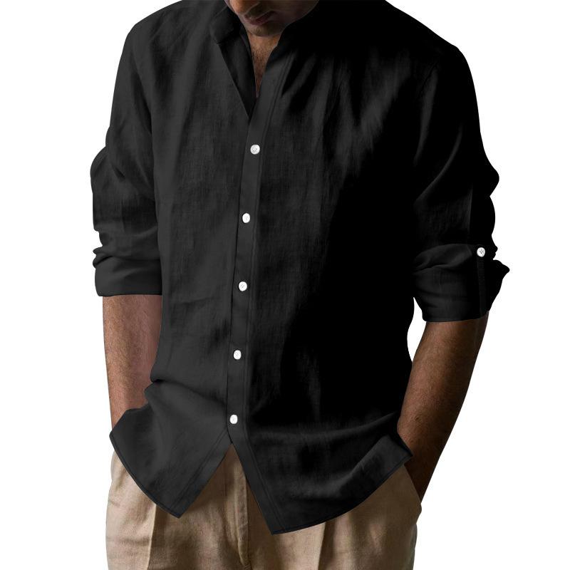 Men Solid Linen Stand Collar Casual Loose Long Sleeve Breathable Shirt