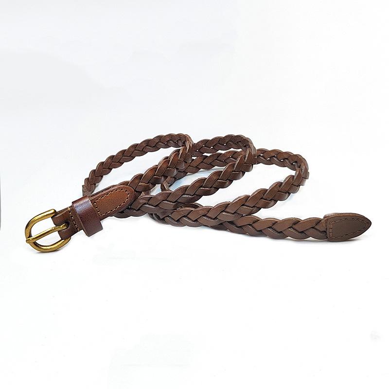 Woven Belt Women'S Leather Casual Pin Buckle Decoration First Layer Cowhide Thin Belt Fashion Style Small Waist Seal