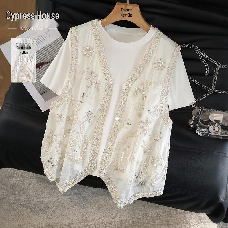 

New Chinese Style V-Neck Embroidered Sequin Vest for Women OS