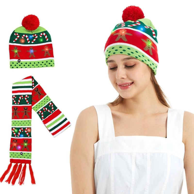 Svítící Santa čepice a šála sada Stylová vánoční pokrývka hlavy Slavnostní vánoční doplňky pro děti a dospělé