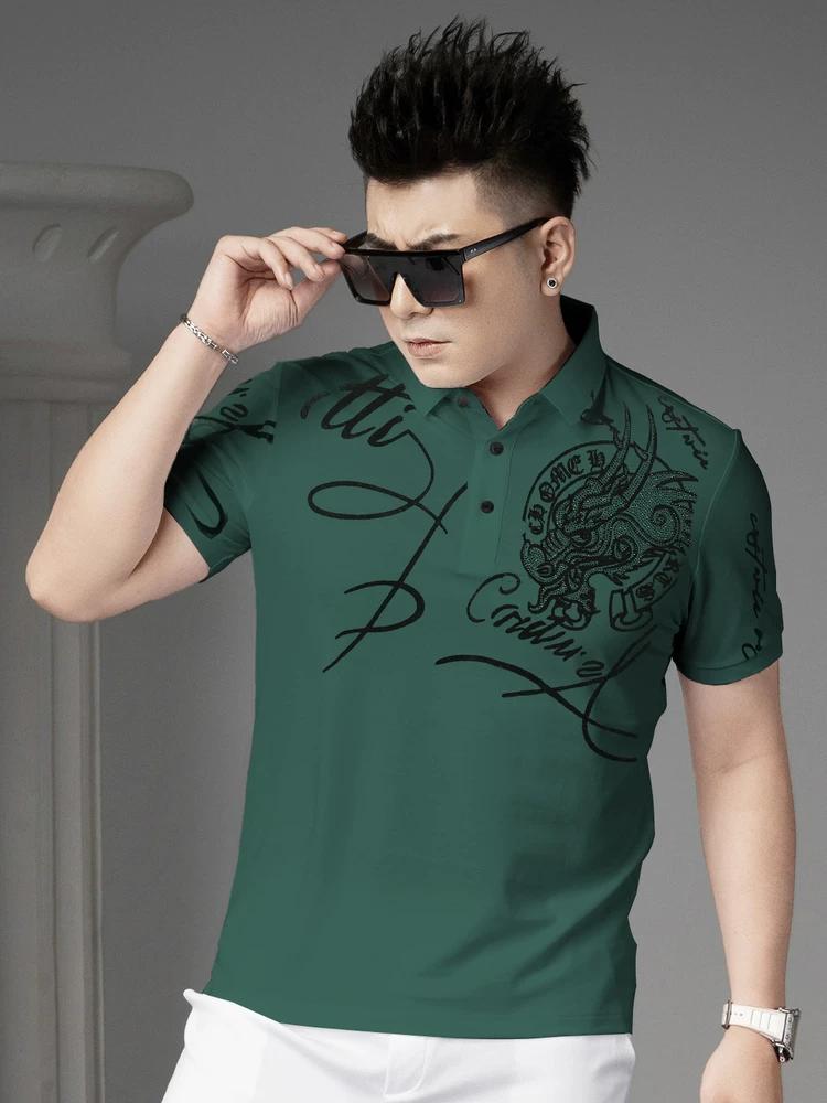 European Station 2025 Summer New Short Sleeve Polo Shirt Men's Trendy Casual Top with Flocking Print and Rhinestone T-Shirt