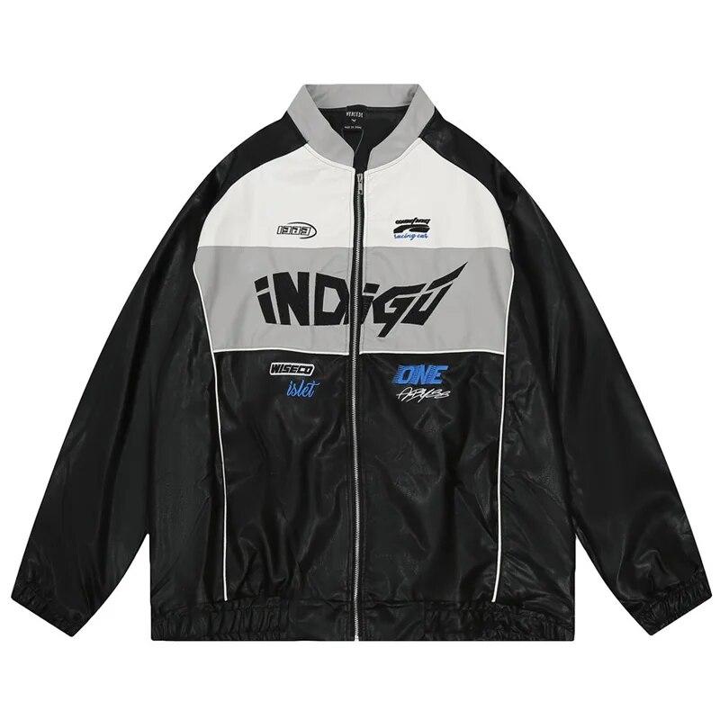 

Spliced Contrasting PU Leather Jacket Men s Letters Embroidered Standing Collar Casual Loose Coat Couples Street Hip-hop Top