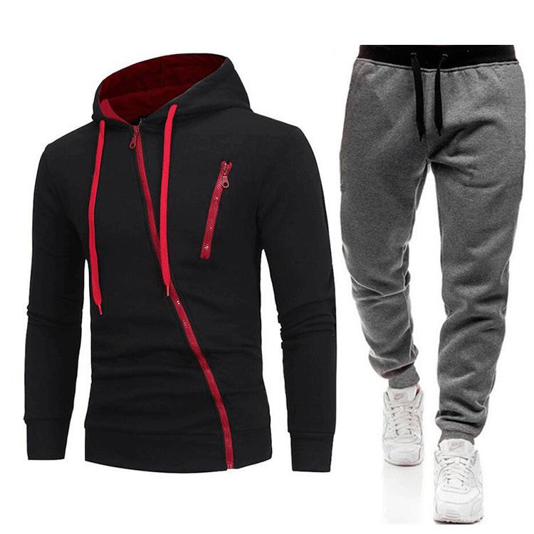 Neue Schräge Reißverschluss Lässige Slim Fit Kapuzen-Cardigans Hoodies Modische Oberbekleidung Herren-Sets