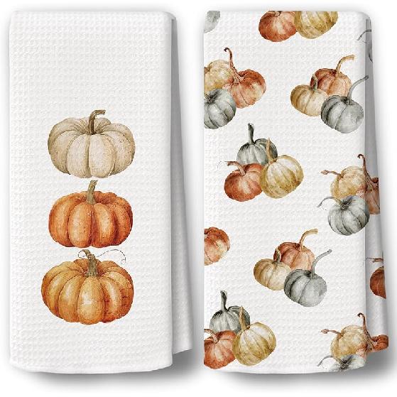 Fall Pumpkin Kitchen Towels Decor Set of 2 - Retro Autumn Moody Fall Hand Tea Towels, Rustic Cottagecore Fall Dish Towel Dishcloths Decorations for
