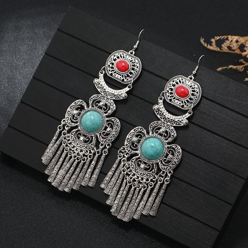 Tibetan Exaggerated Earrings Women's Bohemian Retro Personality Exotic Long Fringed Yunnan Earrings