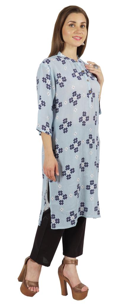 Moomaya Printed Womens Kurti 3 4 Sleeve Mandarin Collar Straight Kurta Soft Summer