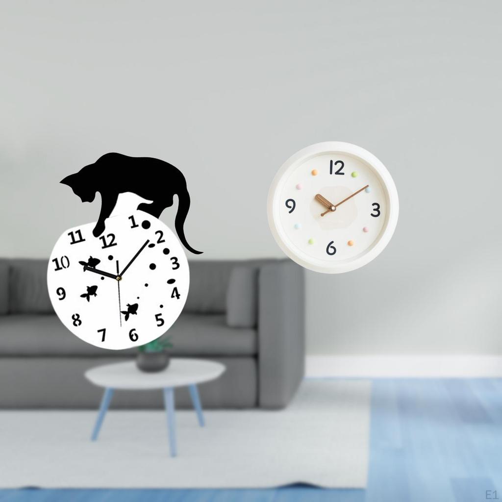 Silent Hanging Clock Cat Wall Quiet Movement Modern Round No Ticking Large