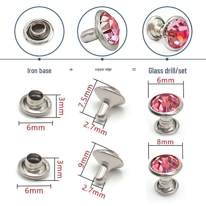 6-8mm Colored Silver Edge Tube Studs, Glass Inlaid Rivets for Clothing Decoration.