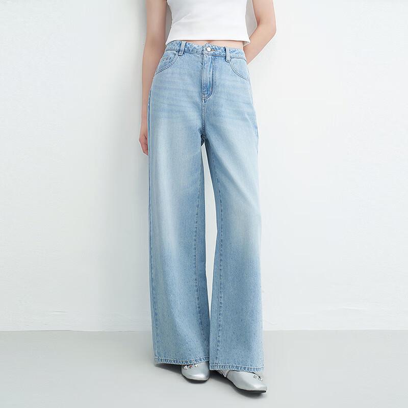 

Leting Rhinestone High-Waist Washed Straight-Leg Jeans L