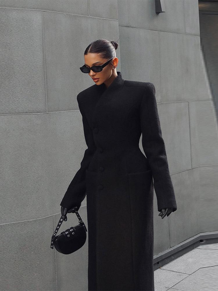 Damen Einreihiger Taillenbetonter Schultergepolsterter Mantel Damen Langer Modischer Warmer Mantel Schwarz 2025 Neue Kollektion