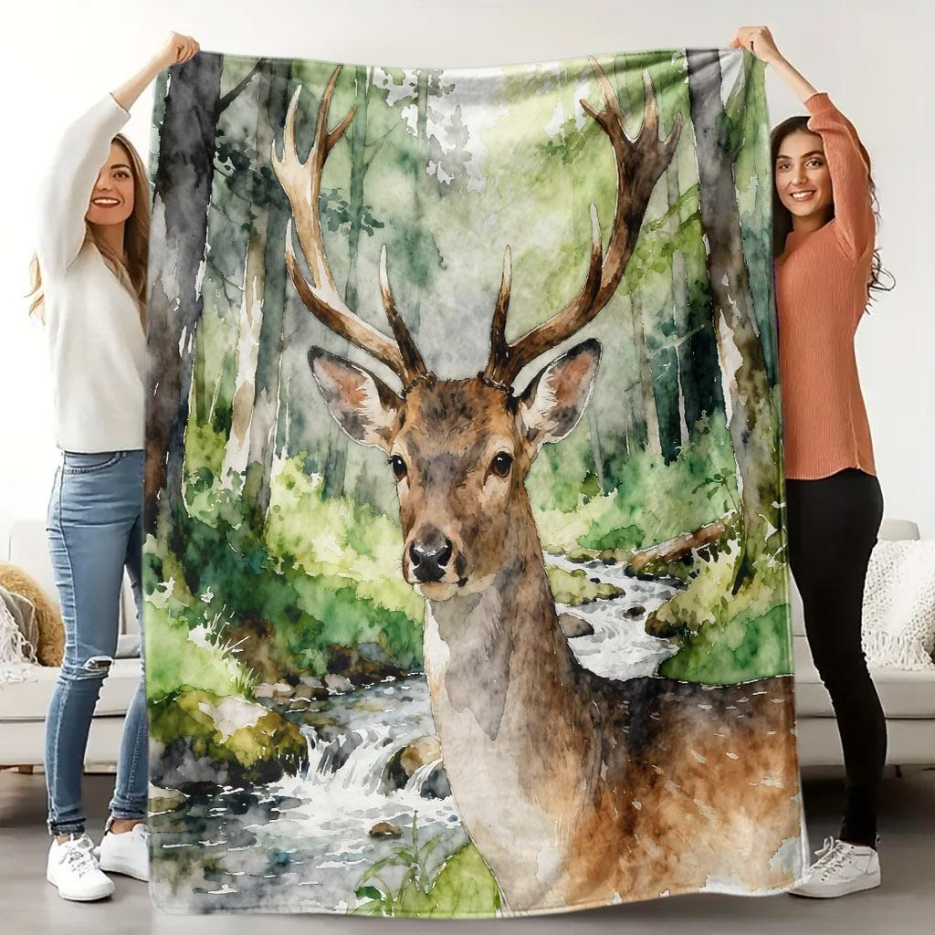 1pc Comfortable Forest Deer Theme Flannel Blanket Polyester, Soft and Breathable, Ideal for All Seasons, Perfect Gift for