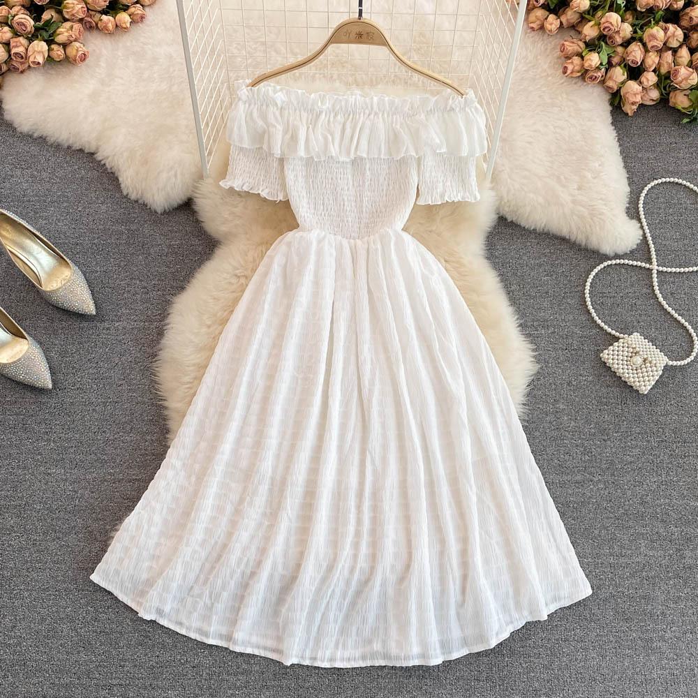 Seaside Vacation Beach Dress Summer Fashion One-word Shoulder Off-the-shoulder Pleated Ruffle A-word Chiffon Dress Short Sleeve