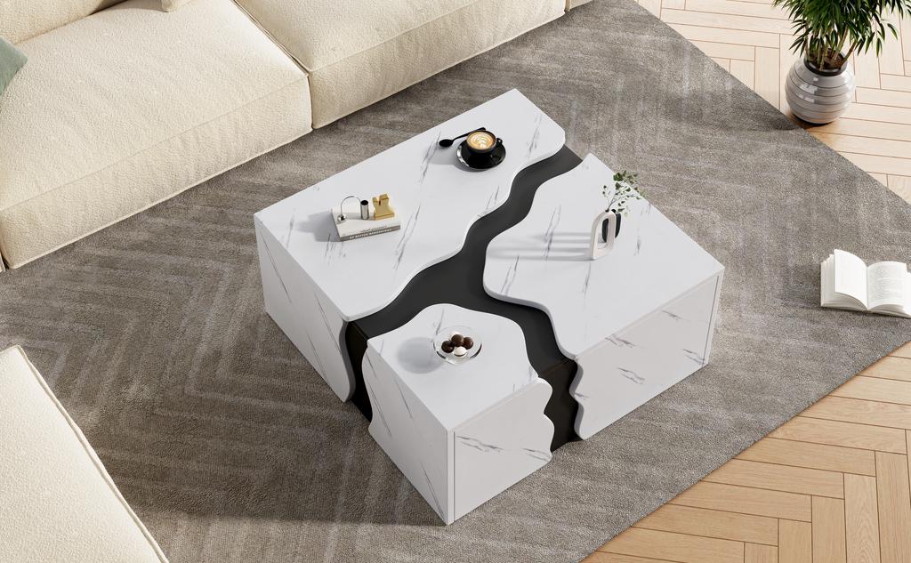 Table Basse de Salon, 70 x 70 x 31 cm, Design Géométrique en Forme de Cube, Table d'Appoint avec Tiroir, Table avec Placage Marbre de Forme Unique