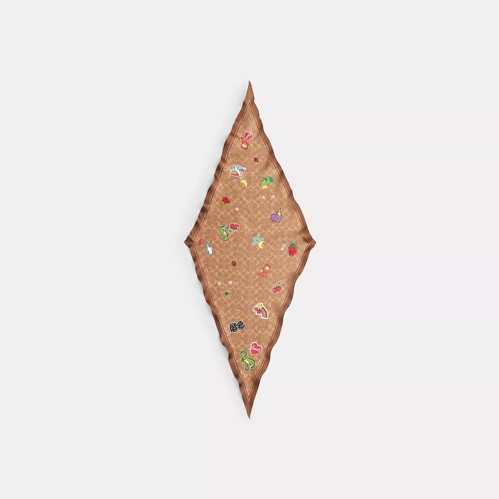 

Coach Signature Sticker Print Silk Diamond Scarf Khaki Multicolor One Size