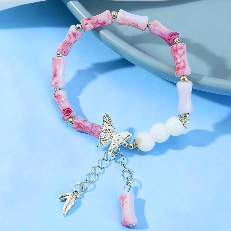 Bamboo Style Butterfly Milky Pink Bead Elastic Bangles Girl Bilezik Bracelet Women Jewelry Pulseras