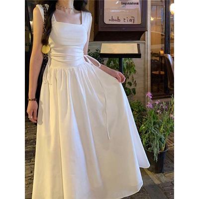 Elegant Summer Slim Fit White Sleeveless French Dress with Square Neck and Cinched Waist