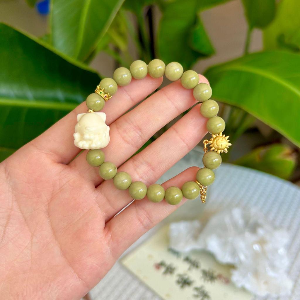 Natural Matcha Agate and Sandalwood Single-Loop Beaded Bracelet - Unique and Versatile Design