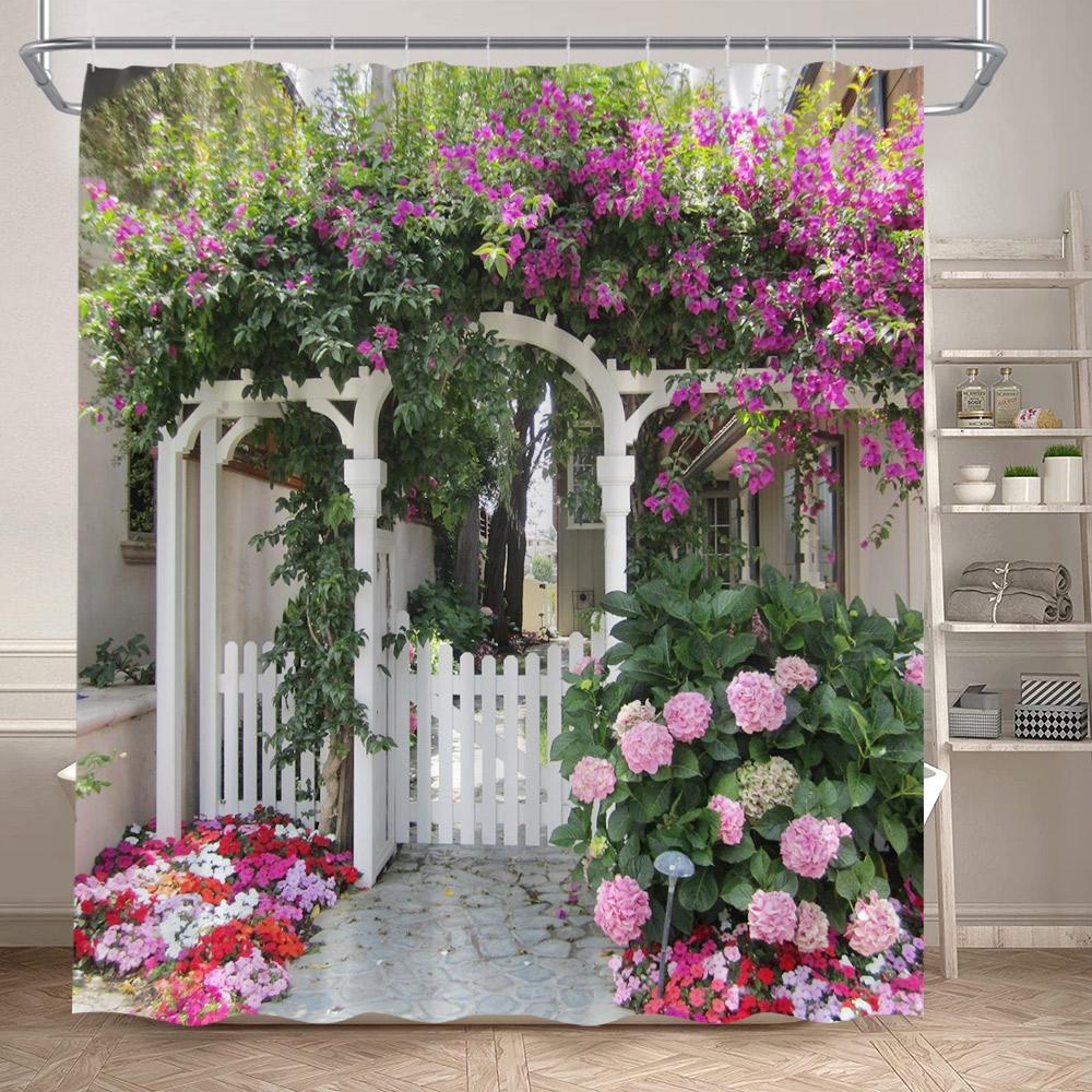 Seaside Townscape Shower Curtain Mediterranean Blue White Architectural Natural Flowers Ocean Polyester Bathroom Curtains Decor