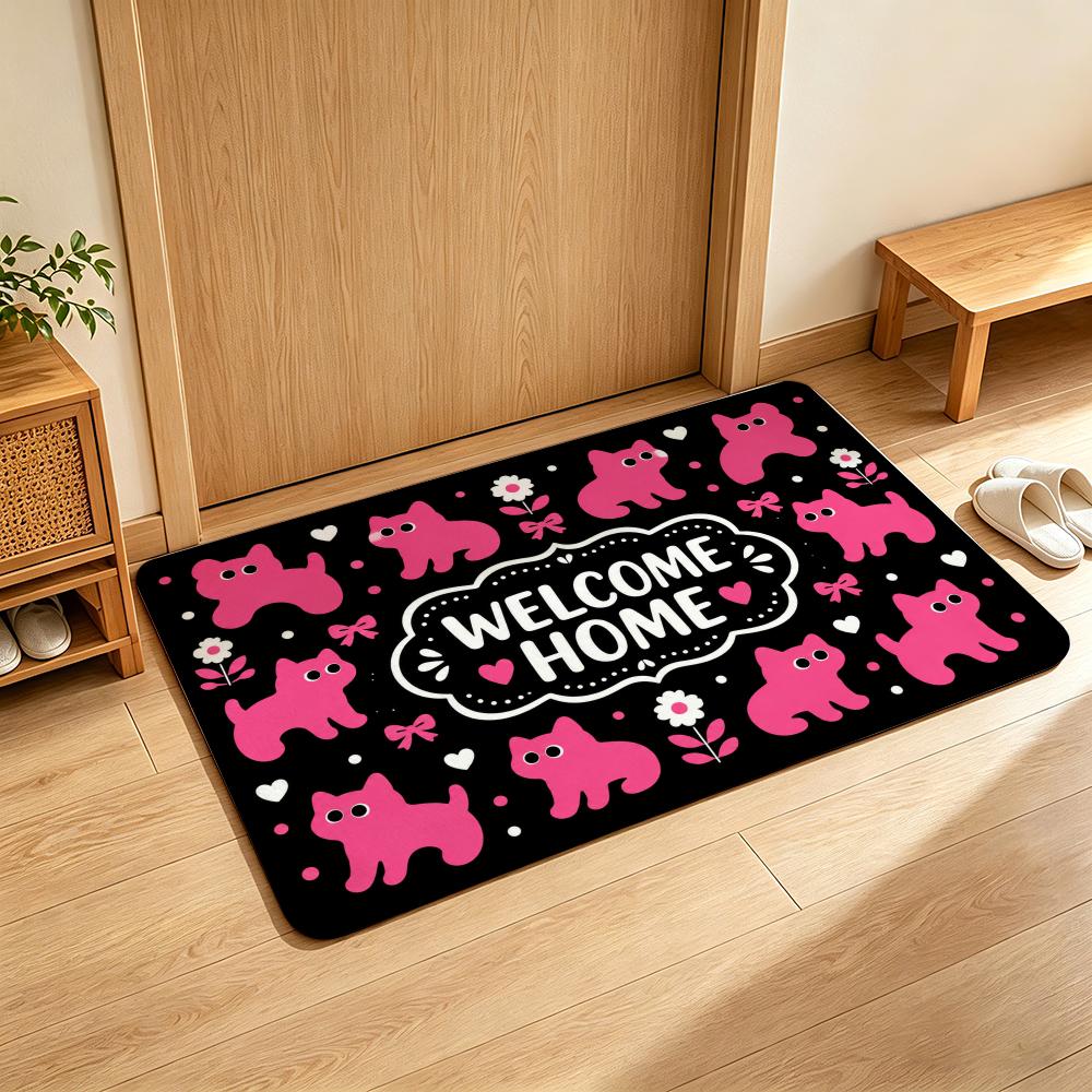 Pink Cute Dogs Paws Welcome Home Pet Doodle Theme Floor Mat Soft Flannel Non Slip Absorbent Entryway Bathroom Bedroom Garage