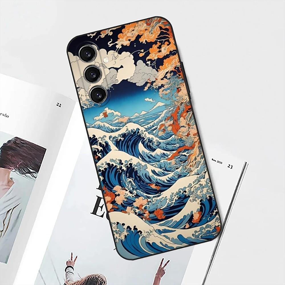 Ukiyo Ocean Waves Phone Case For Samsung S25,S24,S21,S22,S23,S30,Ultra,S20,Plus,Fe,Lite,Note,10 Black Soft Shell