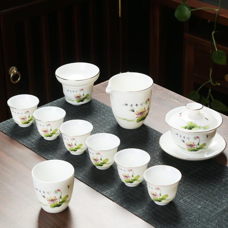 Ceramic suet jade porcelain kung fu tea set with gifts for home use