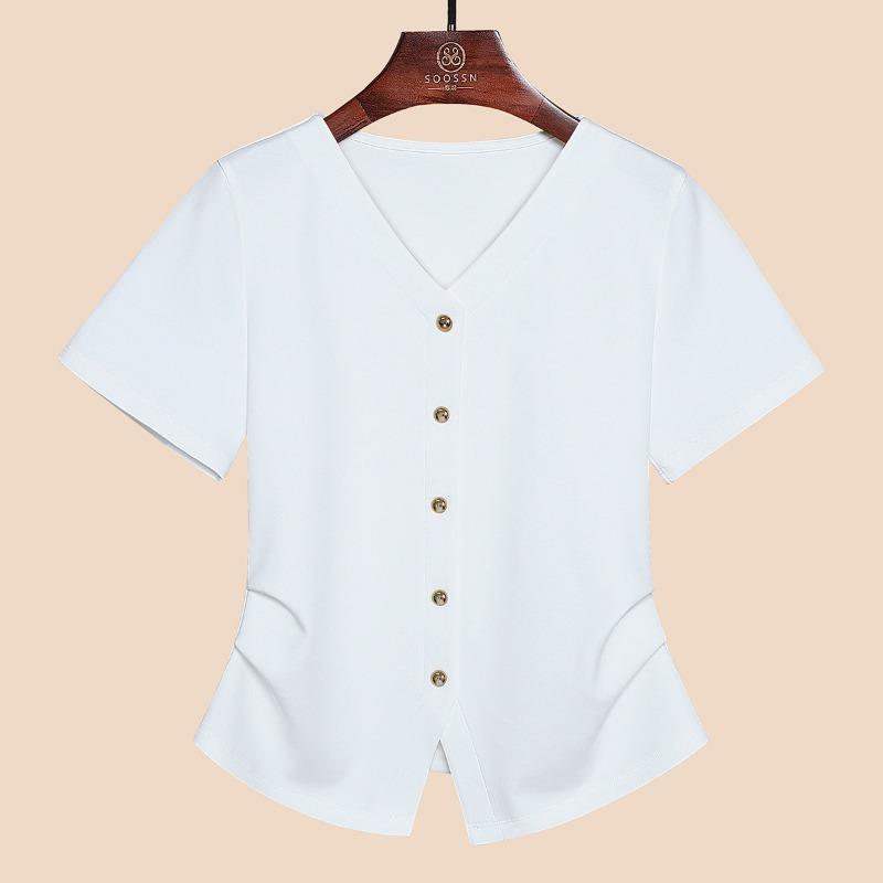Summer new v-neck irregular hem split design sense niche versatile top white short-sleeved shirt women