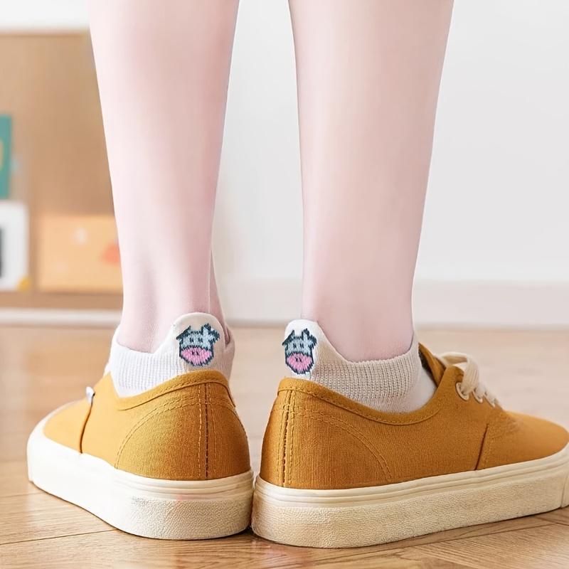 5 Pairs Women's Cartoon Cow Pattern Non-Slip Ankle Socks, Black/White Color, Airy Cozy, Gentle Low-Cut Socks, Leisure Style
