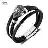 Leather Bracelet Male Personalized Retro Stainless Steel Lion Head Multi Layer Woven