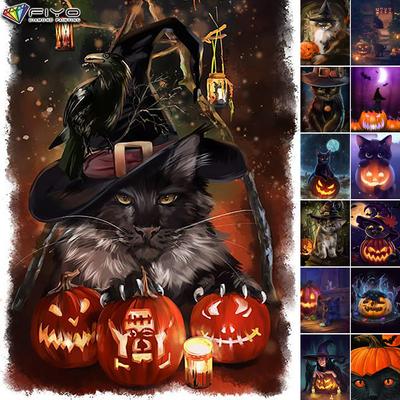 Kit Punto Croce Fai da Te Ricamo Diamante Zucca di Halloween e Gatto Nero Pittura Diamante Decorazione per la Casa