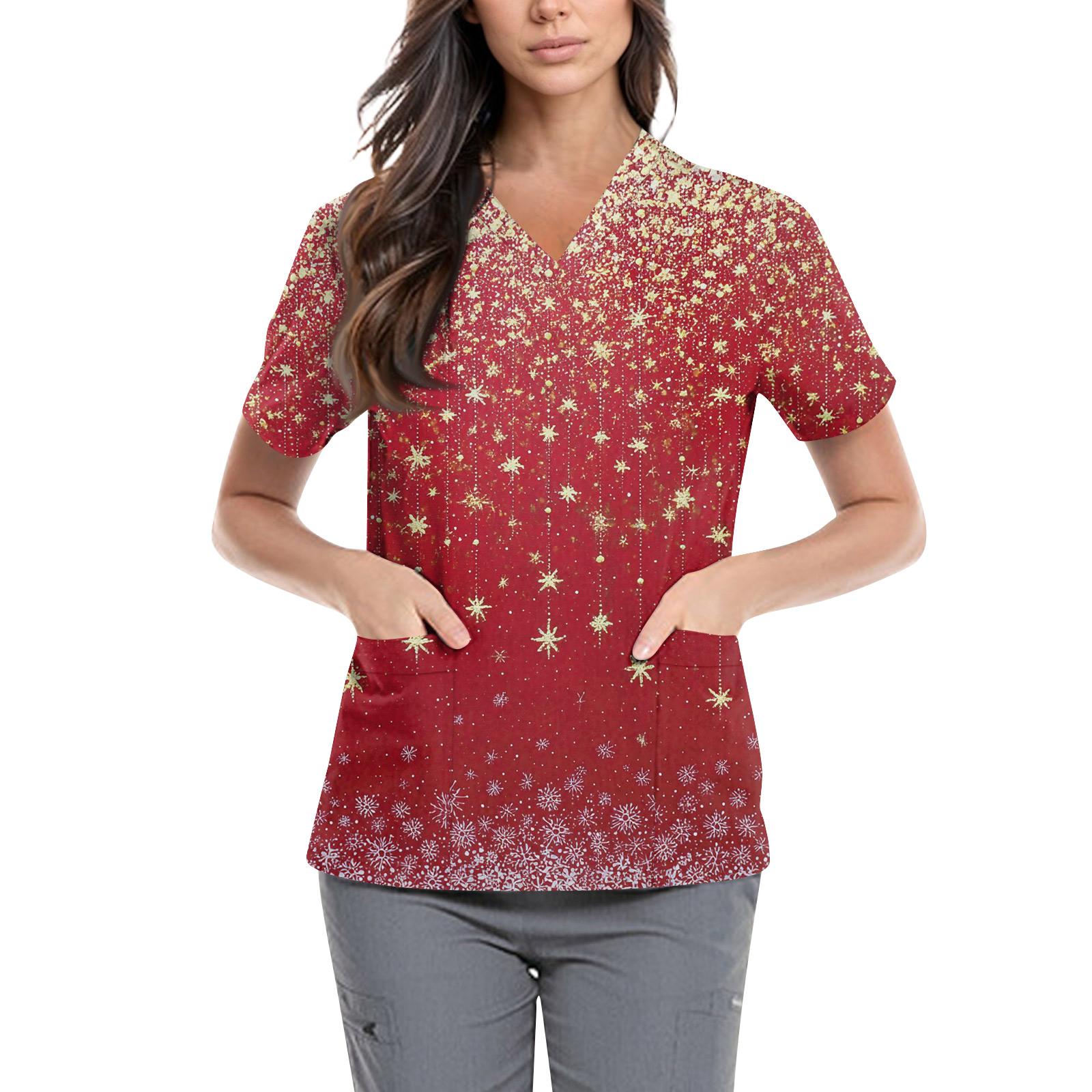 

Женская симпатичная принтованная рабочая одежда с V-образным вырезом, двухслойными карманами, базовым коротким рукавом, пуловером ко Дню святого Валентина XXXL винный