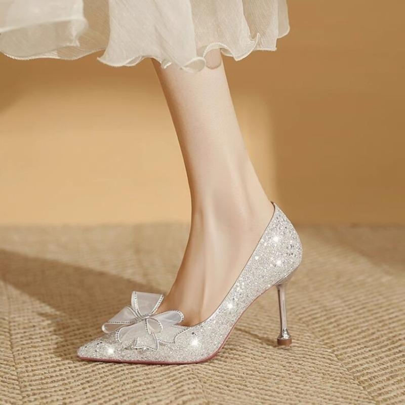 2026 New Shiny Bow Crystal Wedding Shoes Fairy Style Pointed Toe Shallow Mouth Stiletto Single Shoes