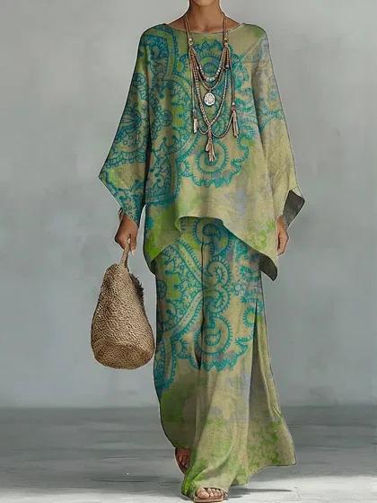 Y116 Summer Bohemian Paisley Printed Two-piece Set Large Size Casual Set