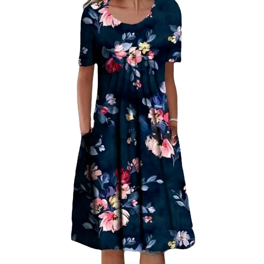 Women's Floral Print Short Sleeve Dress with Pockets, Round Neck Casual Summer Dress, Plus Size A-Line Dress