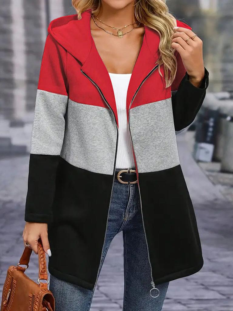 Abbigliamento da Donna Autunno e Inverno Casual e alla Moda Giacca con Cappuccio Spliced a Contrasto Tricolore Abbigliamento da Donna