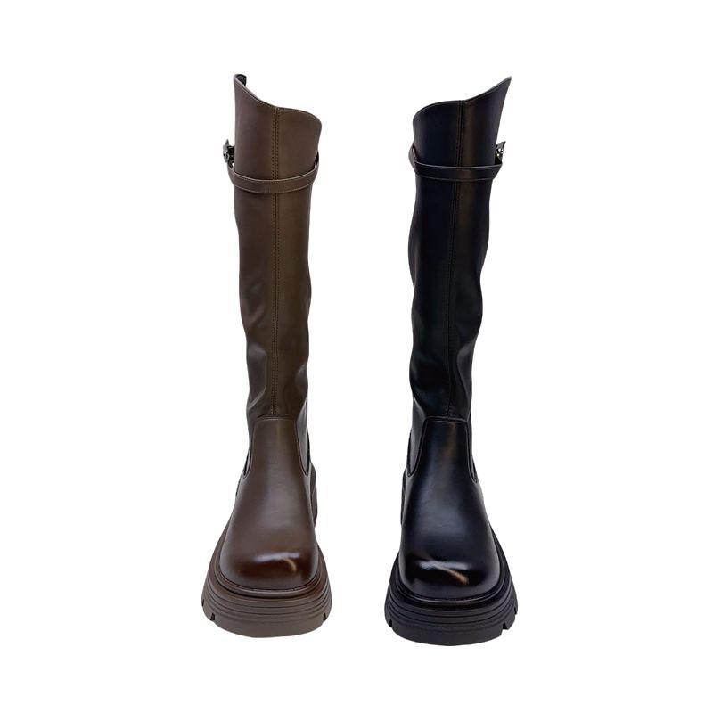 Fat sister fattened and widened thick-soled high boots female British wind side zipper velvet knight boots female elastic boots winter