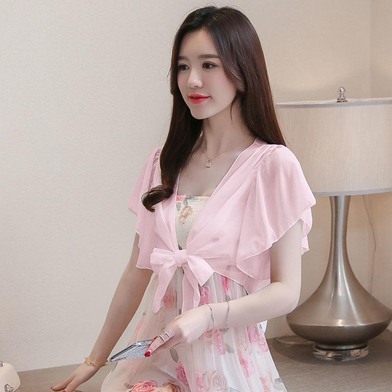 Korean Style Chiffon Shawl Cardigan - Short Sleeve, Lightweight, Versatile Sun Protection Outerwear for Women 2XL розовый