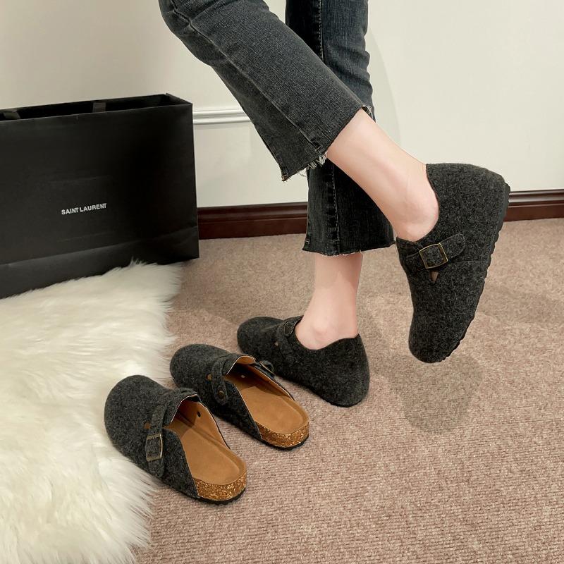 Ugly and cute retro woolen shoes increase in height, lazy bag head one-word buckle, women's casual thick bottom half drag