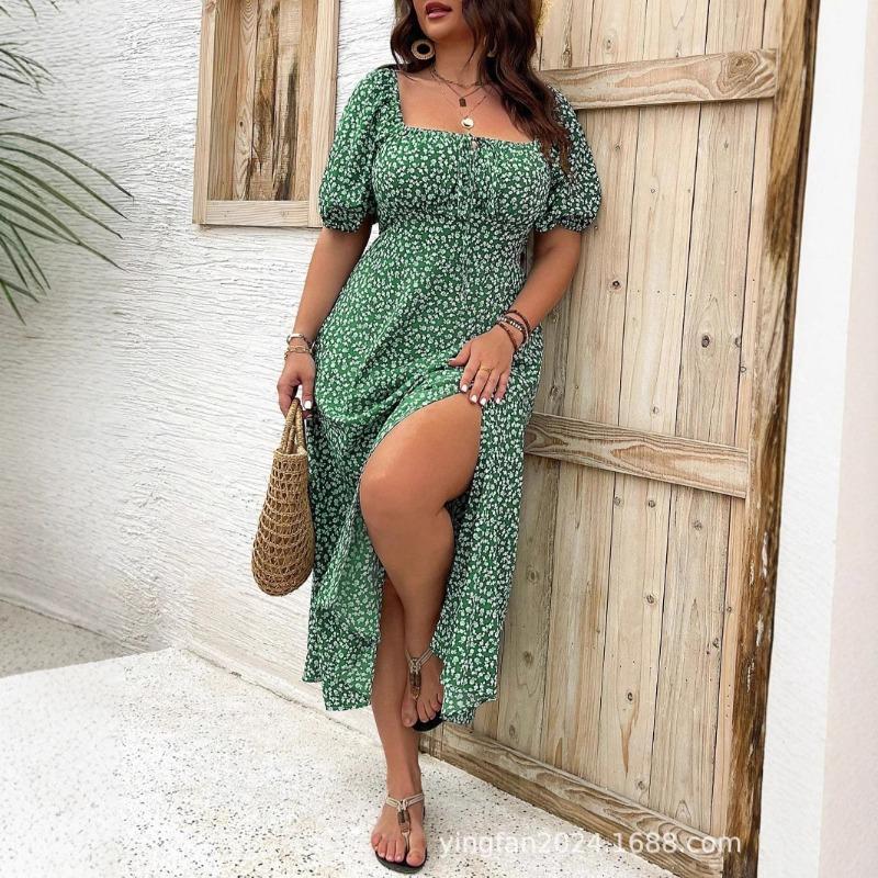 New large size women's clothing large size temperament thin split flower dress summer