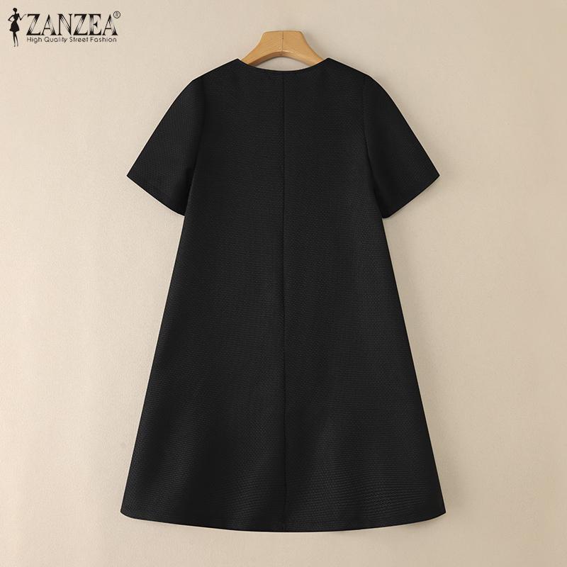 ZANZEA Damen Kurzarm Elegant Textur Büro Plissee Kleid