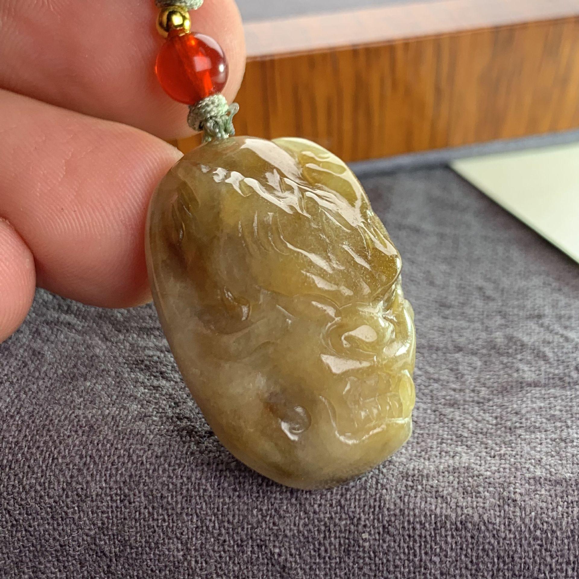 A-Grade Myanmar Jade Beads with 18K Inlaid Clear Water, Monkey Qilin & Tang Horse Patterns, Yellow Jade Pixiu, Ruyi Design