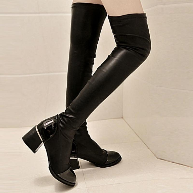 Fashion Black Women's Long Boots Thigh High Elastic Ladies Knee Shaft Shoes Leather Above Over The Middle Heel Cosplay New in Goth Sale