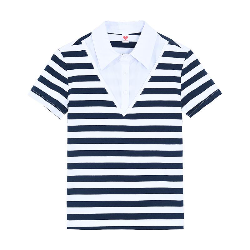 Damen Sommer Locker Geschnittenes Poloshirt mit Kragen – Fake Zweiteiler, Gestreift, Kurzarm, Reine Baumwolle