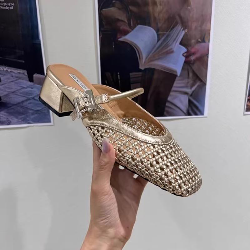 Fashion Retro Style Summer Cover Toe Women Mules Slippers Elegant Ladies Outdoor Thick Heel Dress Slides Shoes