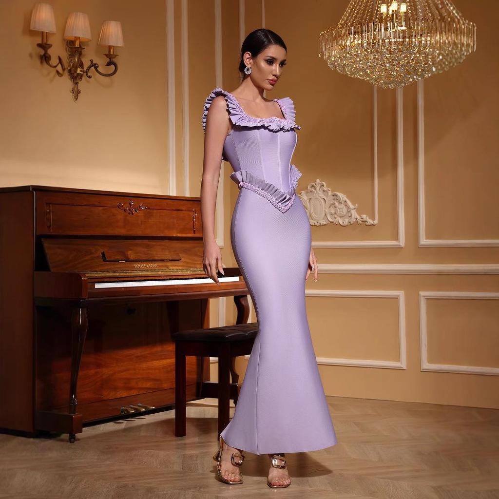 Purple Beaded Bandage Evening Dress - Sleeveless Socialite Style