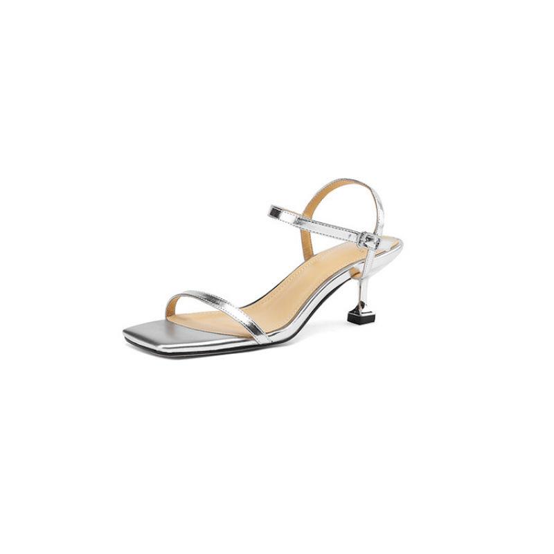 Summer fashion leather high-heeled sandals women's head non-slip new one-word sandals beef tendon sole large size medium heel comfortable