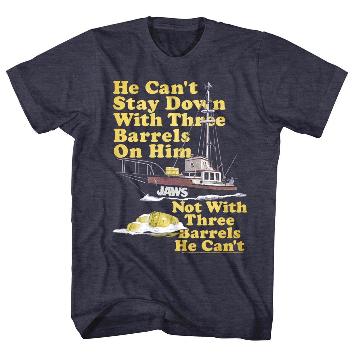 Jaws Boat Three Barrels on Him Men T Shirt Great White Shark Attack Ocean Down XXXXL