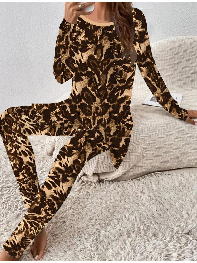 Euroamerikanische Mode 3D Leopardenmuster Damen Vier-Jahreszeiten Langarm T-Shirt + Lange Hose Zweiteiliges Set. Perfektes Geschenk