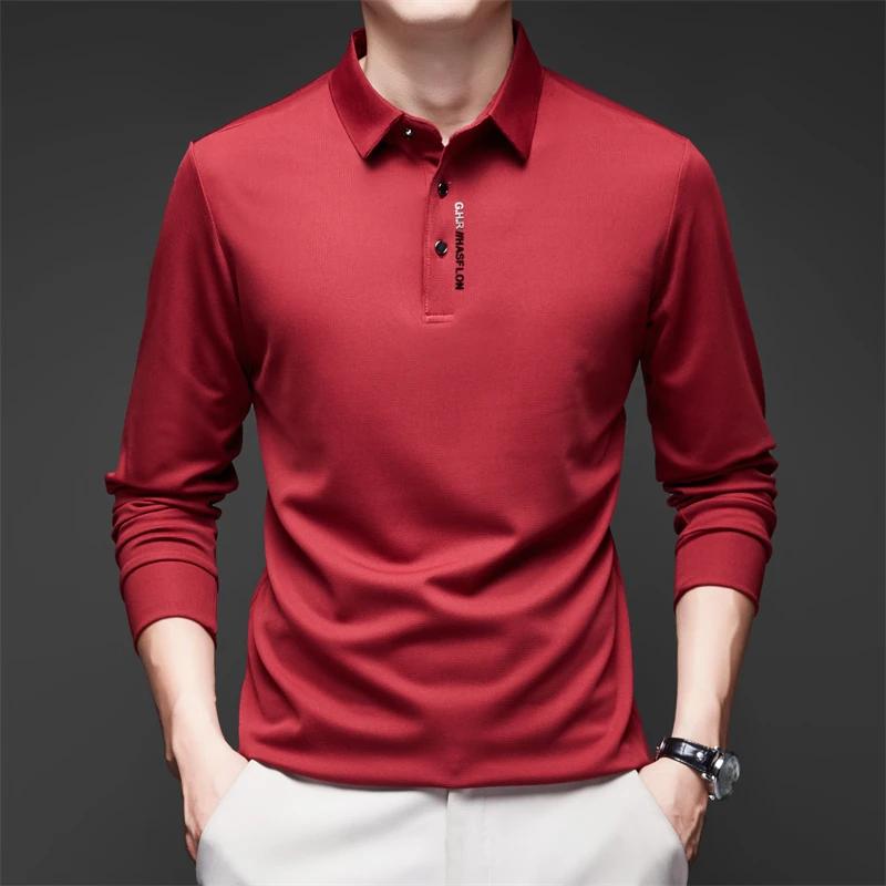 Camisa nueva de manga larga para hombre de negocios casual con insignia, polo de color sólido, moderna, transpirable, cómoda, versátil